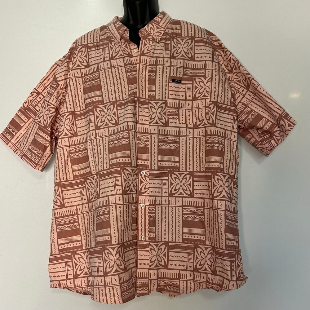 Tanoa Men’s 5XL Hawaiian Shirt Pink Brown Polynesian Print Cotton Tailored Fit